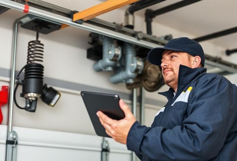 Professional technician with tablet doing digital inspection of garage door
