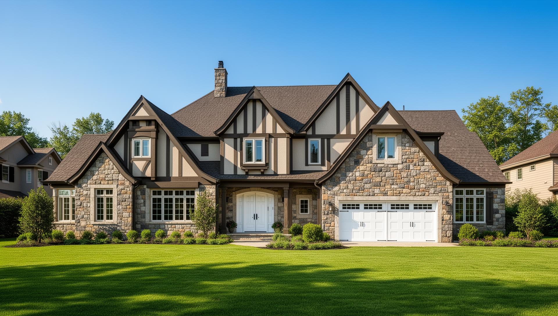 Grand Tudor style home with beautiful white raised panel garage doors in Oriental, NC