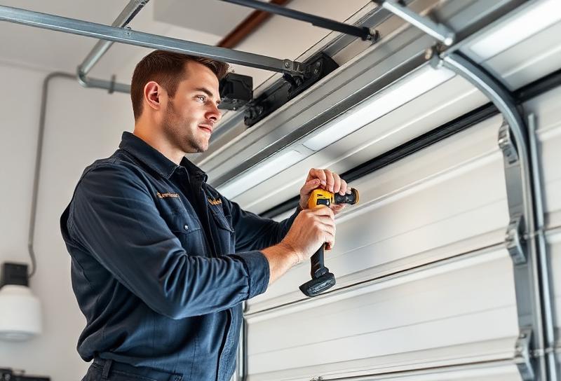 Professional garage door technician installing a new door panel